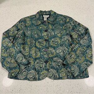 COLDWATER CREEK Sequined Teal Green Yellow Floral Blazer | Button Closure Size M